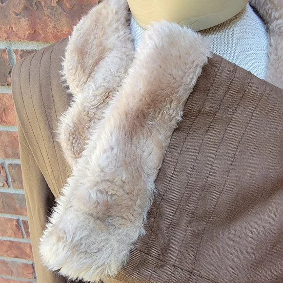 Vtg Bonders Calender Cloth Brown Faux Fur Lined Belted Coat USA No Size, - Picture 10 of 15